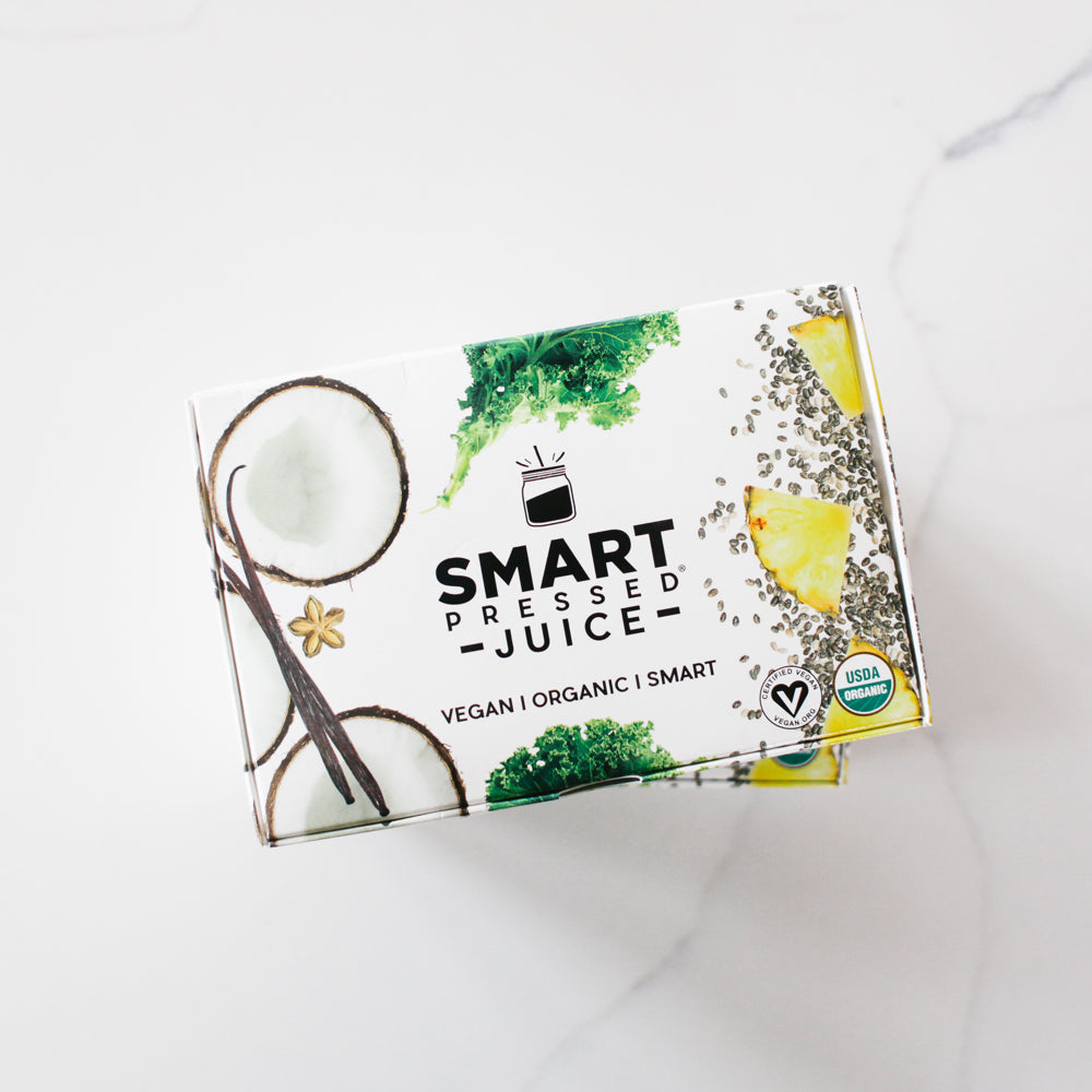 Smart Pressed Juice packaging box against a white background.