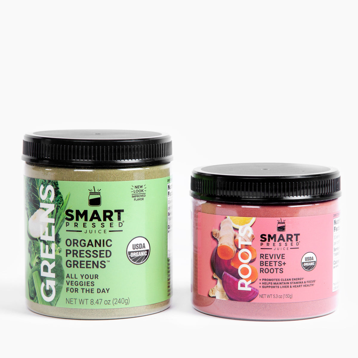 1 jar of 240 grams Organic Pressed Greens beside 1 jar of 150 grams Revive Beet+Roots against a white background.