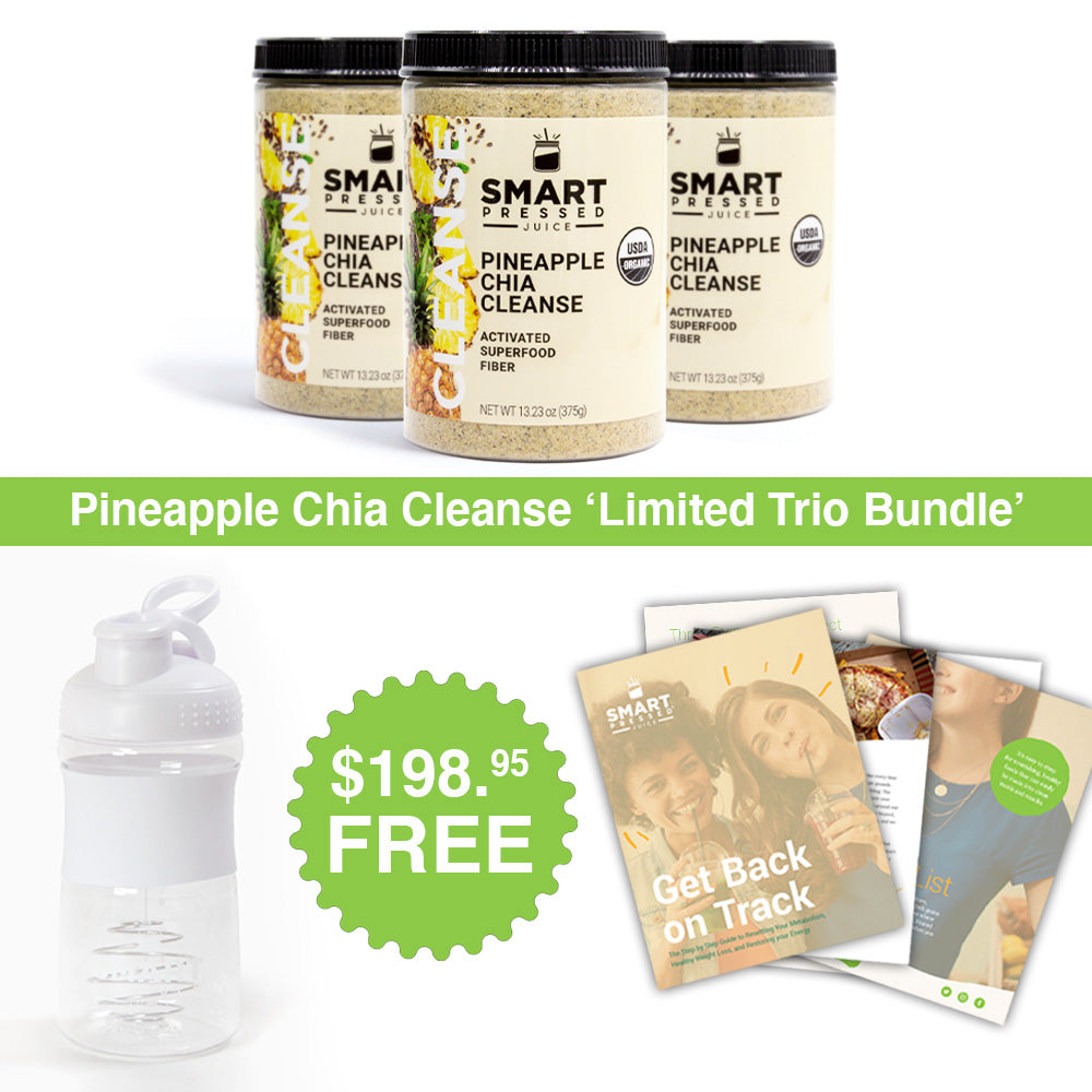 3 jars of 375 grams Pineapple Chia Cleanse. In the middle of the image is a text that says, "Limited Dou Bundle". Lower part of the image has a white water jug, a text that says $ 198.95 Free, and some magazines side by side against a white background.