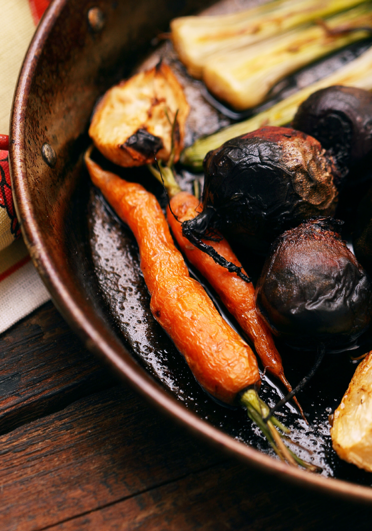 roasted baby carrots, parsnip, and butternut squash in a pan