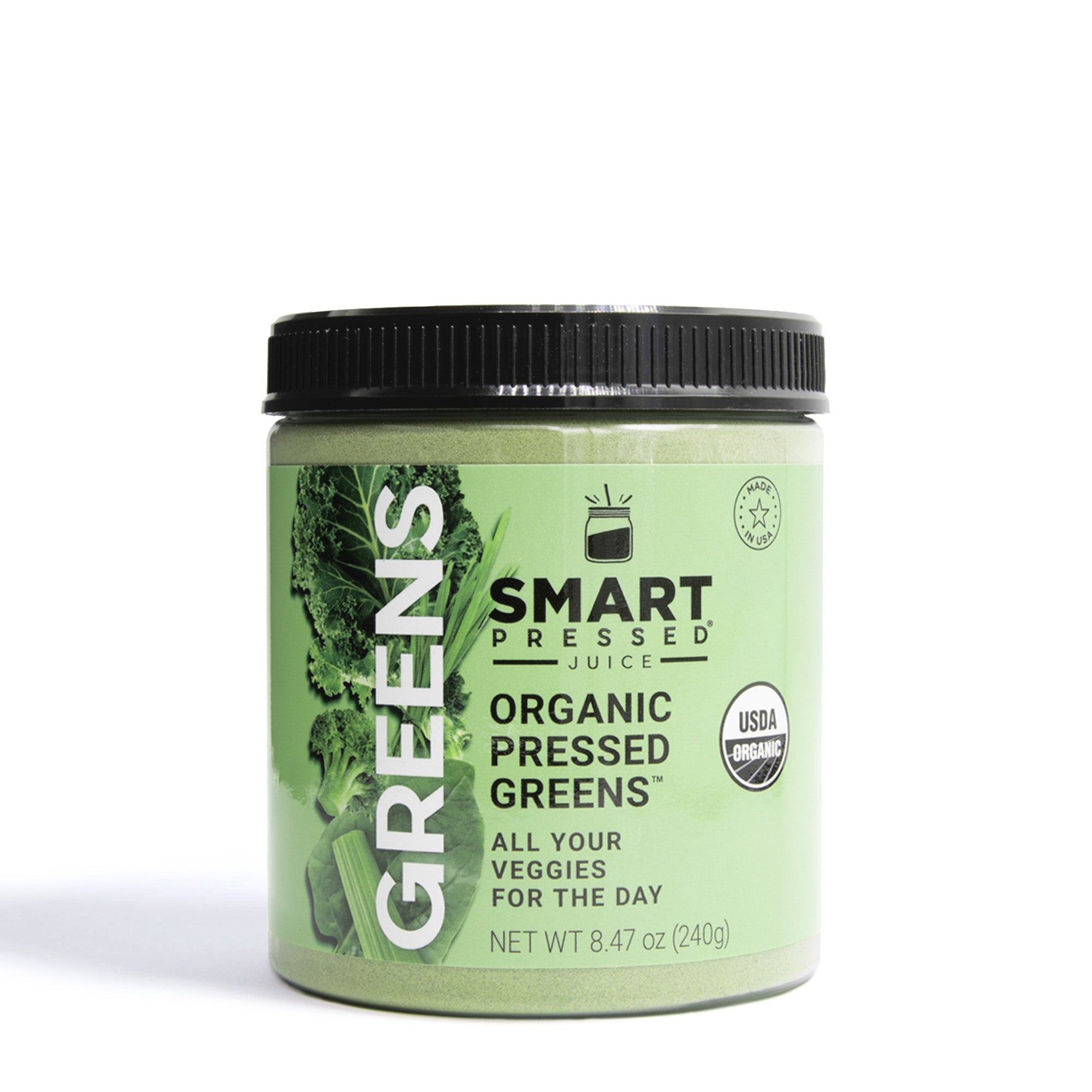 1 jar of 240 grams Organic Pressed Greens against a white background.