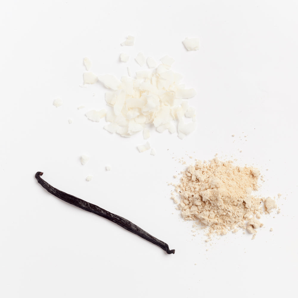 Coconut chunks on the top, a stick of vanilla on the bottom left, and some light brown powder on the right on a white surface.
