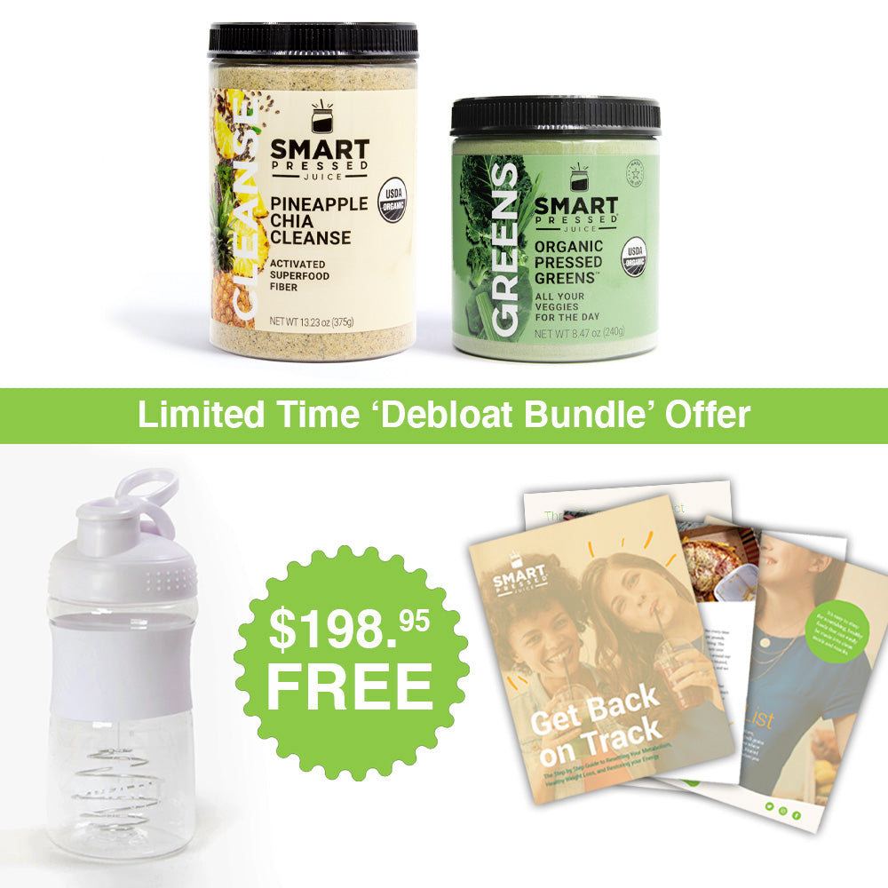 1 jar of 375 grams Pineapple Chia Cleanse beside 1 jar of 240 grams of Organic Pressed Greens. In the middle of image is a text that says, " Limited time 'Debloat Bundle' Offer". Bottom part is a white water jug, a text that says " $198.95 free" and few magazines side by side  against a white background.