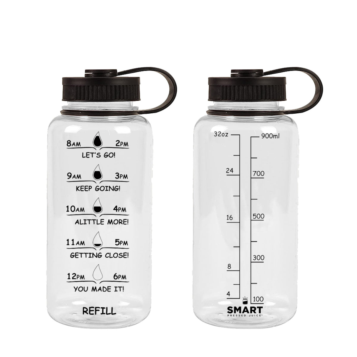 Bottle on the left has time markers from 8am to 12pm on the water bottle. Bottle on the right has ounce and milliliter markers displayed.